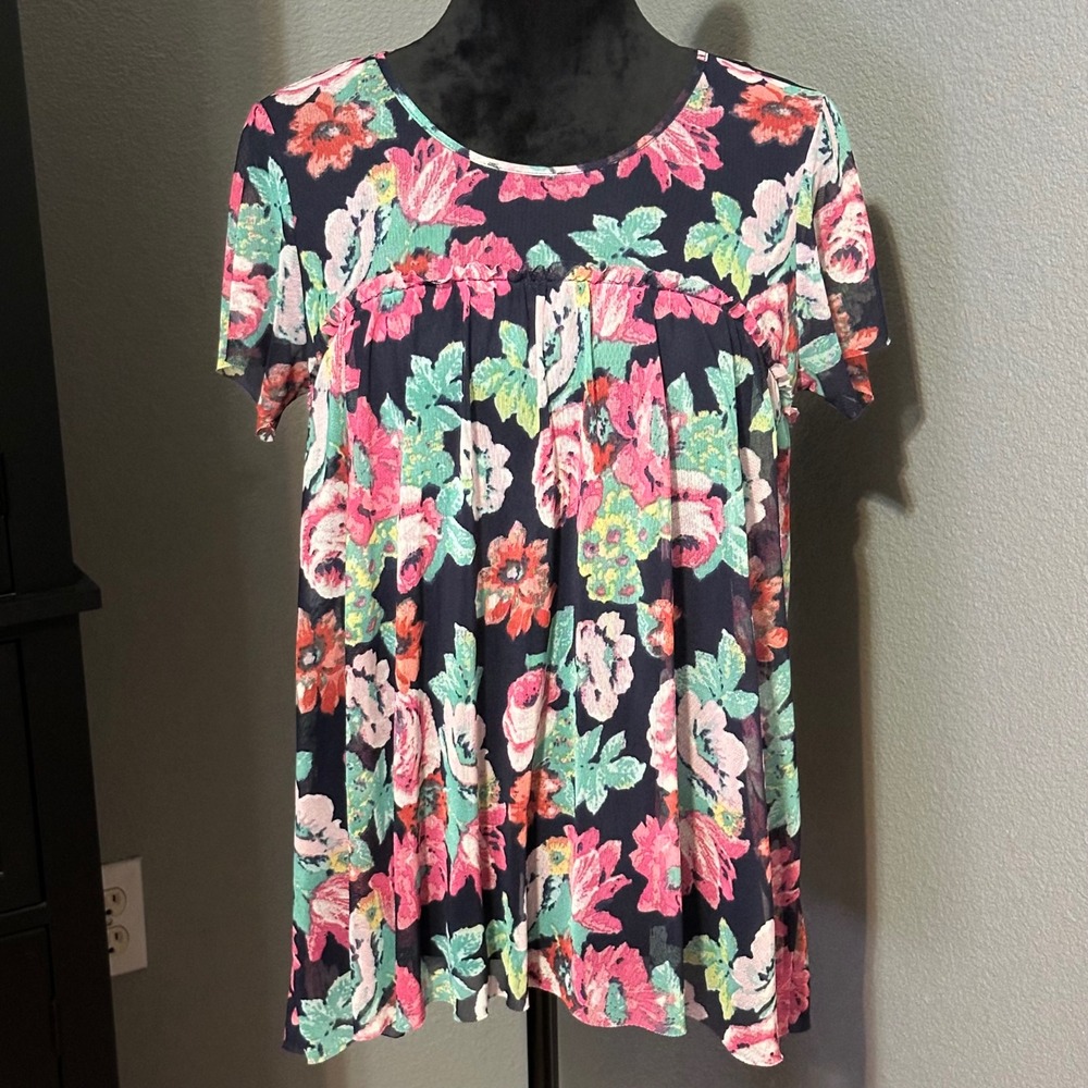 Black Floral Babydoll‎ Tunic Top Large Short Sleeve Stretch Womens Floral Modern